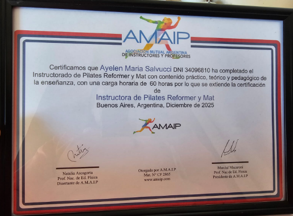 Certificado Instructora de Pilates Reformer y Mat — AMAIP, Ayelen Maria Salvucci
