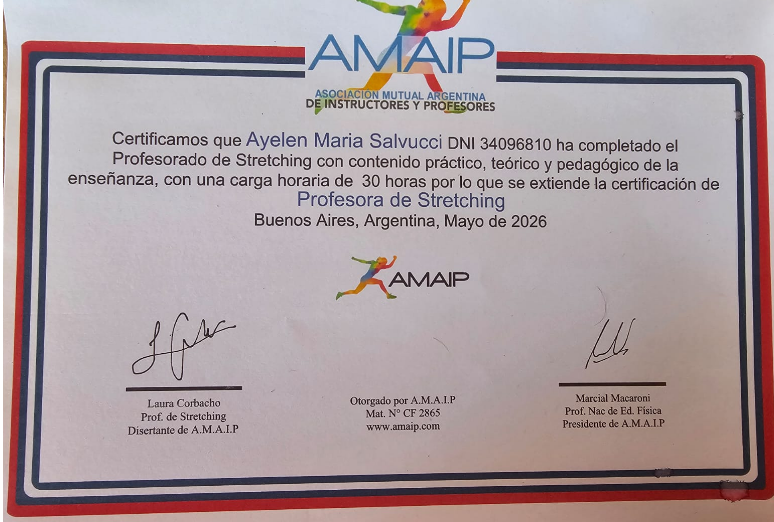Certificado Profesora de Stretching — AMAIP, Ayelen Maria Salvucci