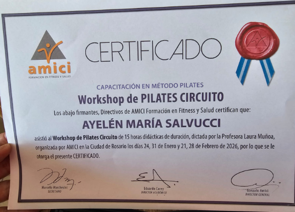 Certificado Workshop de Pilates Circuito — AMICI, Ayelén María Salvucci