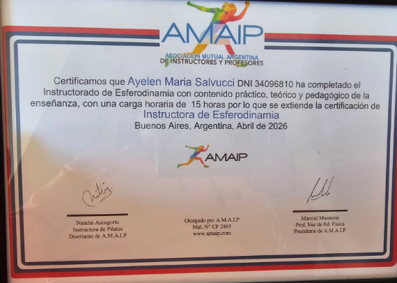 Certificado Instructora de Esferodinamia — AMAIP, Ayelen Maria Salvucci